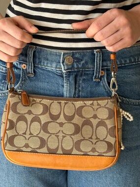 Vintage Coach Signature Logo Canvas Pochette Baguette in Brown/Tan